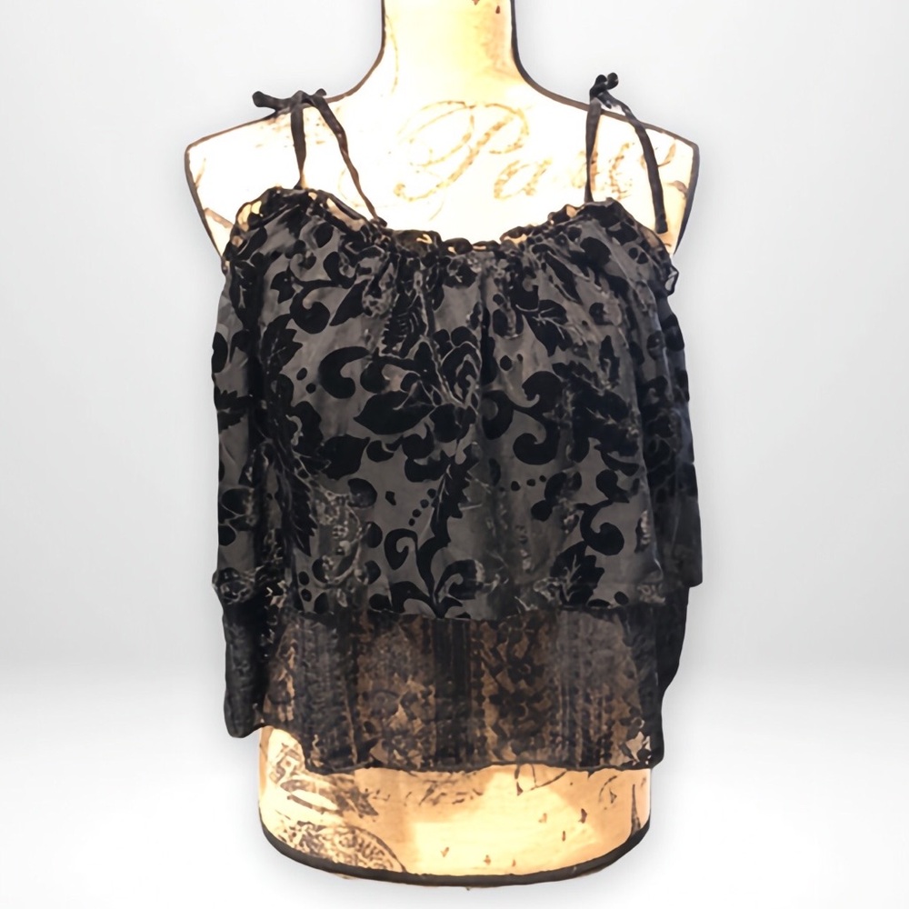 POL Velvet Ribbon Shoulder Tie Floral Burnout Double Layered Lace Baby Doll Cami